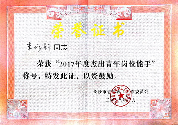 鸿运国际智能朱振新荣获长沙市2017年度优异青年岗位能手